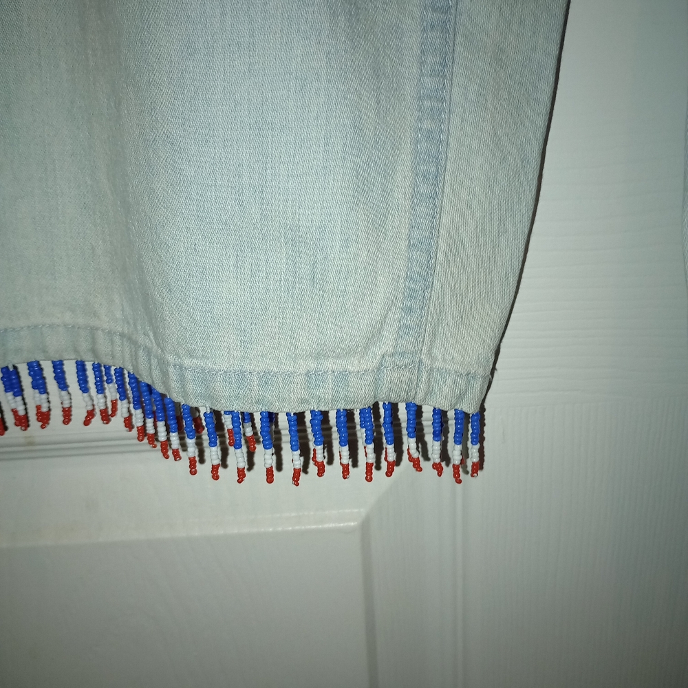 Light Wash Denim Capris with Red, White & Blue Beaded Hem